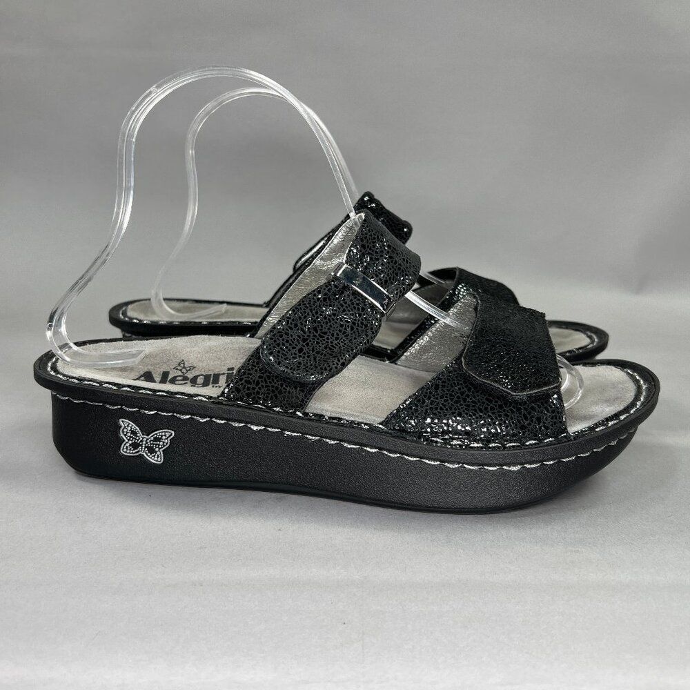 Alegria Karmen Sandals Women's Size 7.5 Black Metallic Fun Strappy‎ Slide